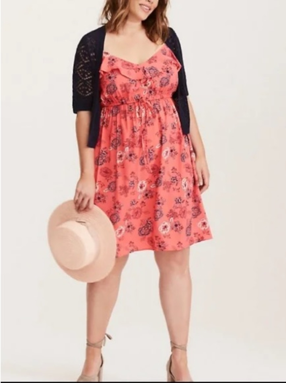 torrid Coral Floral Midi Dress with Ruffle Neckline